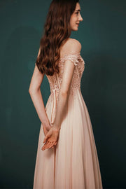 Pink Off-The-Shoulder Ankle-Length A-Line Chiffon Lace Bridesmaid Dresses