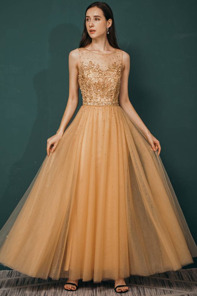 Jewel Neck Sleeveless Ankle-Length Prom Dresses A-Line Tulle with Appliques