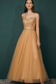 Jewel Neck Sleeveless Ankle-Length Prom Dresses A-Line Tulle with Appliques