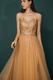 Jewel Neck Sleeveless Ankle-Length Prom Dresses A-Line Tulle with Appliques