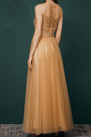 Jewel Neck Sleeveless Ankle-Length Prom Dresses A-Line Tulle with Appliques