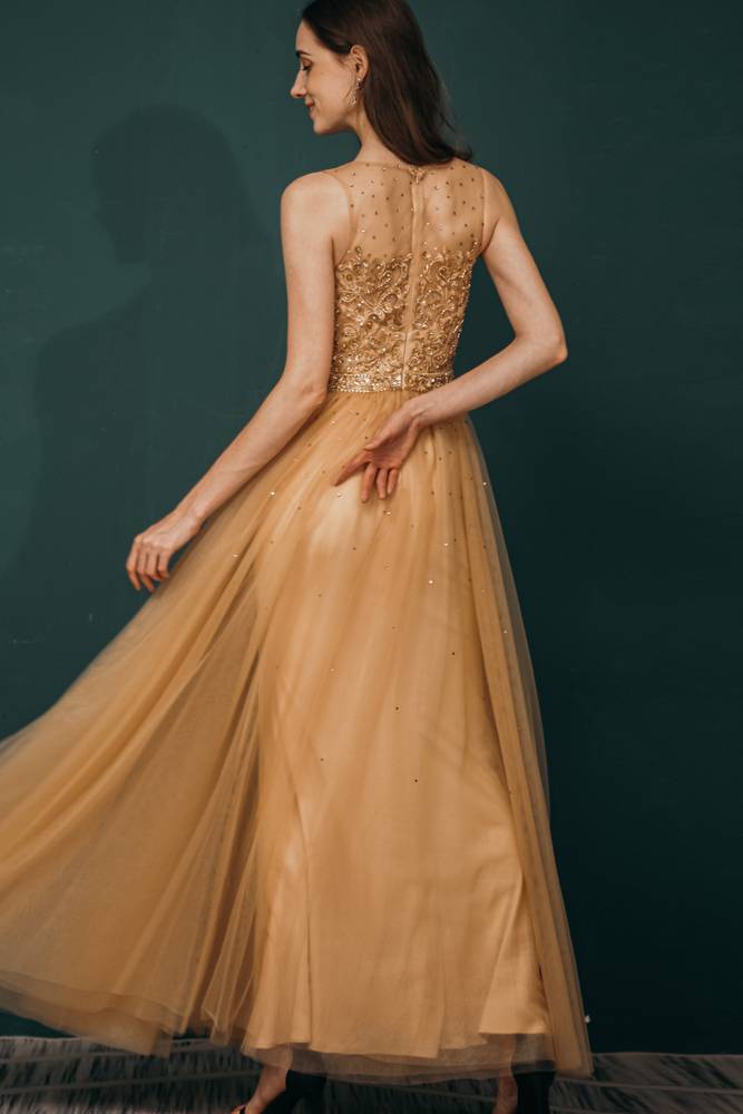 Jewel Neck Sleeveless Ankle-Length Prom Dresses A-Line Tulle with Appliques