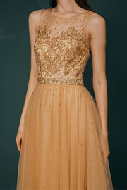 Jewel Neck Sleeveless Ankle-Length Prom Dresses A-Line Tulle with Appliques