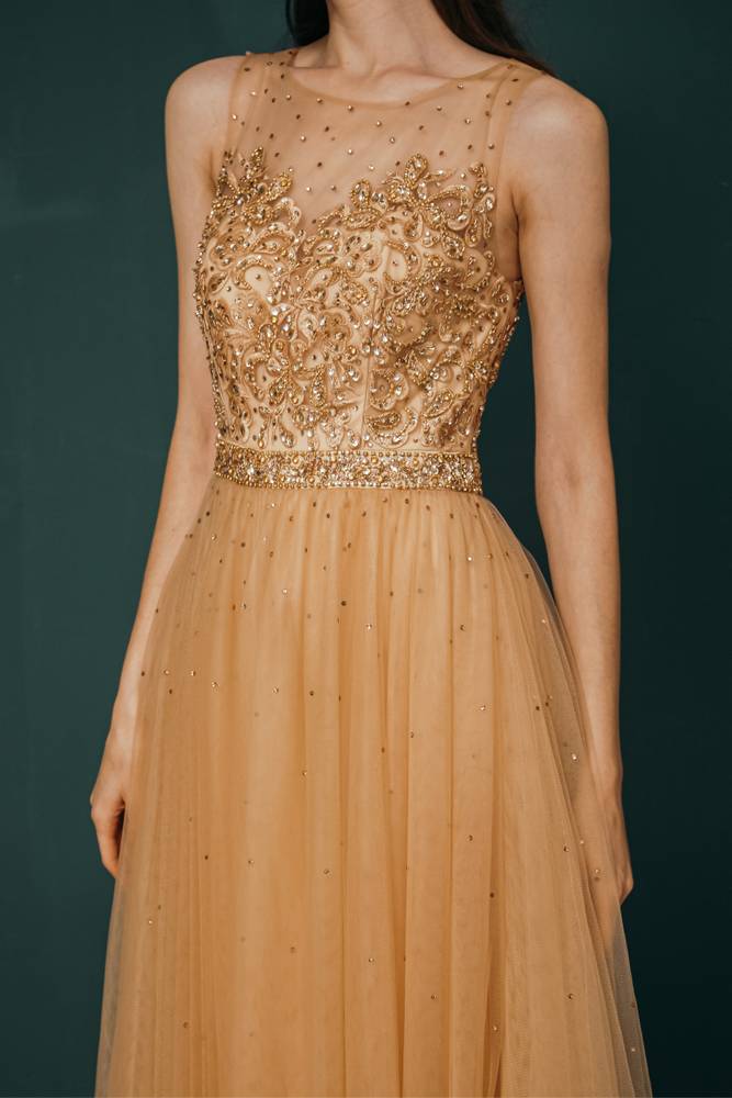 Jewel Neck Sleeveless Ankle-Length Prom Dresses A-Line Tulle with Appliques