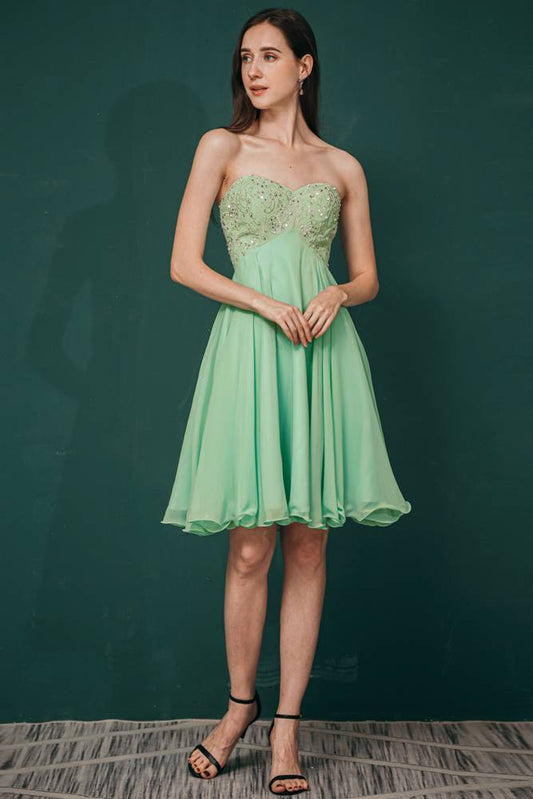 Mint Green Strapless A-Line Chiffon Bridesmaid Dress with Beaded