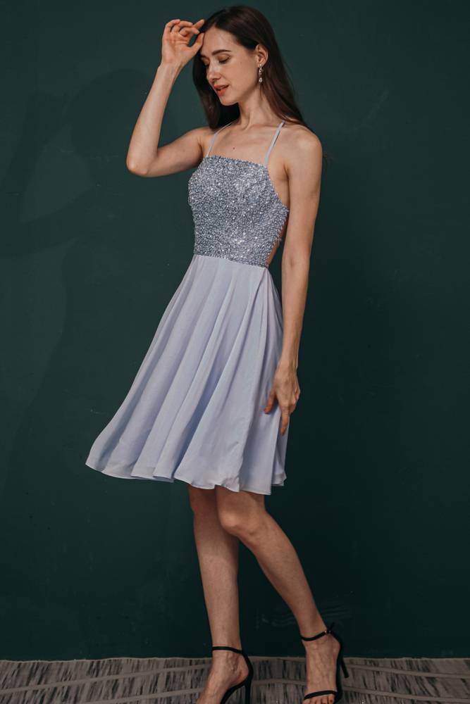 Spaghetti Straps A-Line Knee-Length Party Dresses Chiffon with Beading