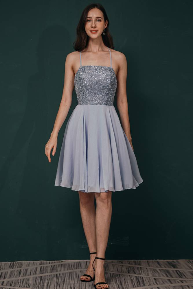 Spaghetti Straps A-Line Knee-Length Party Dresses Chiffon with Beading