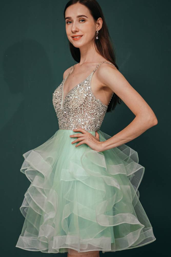 Sequined Tulle Short A-Line Party Dresses Sleeveless