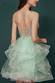 Sequined Tulle Short A-Line Party Dresses Sleeveless