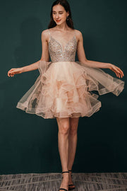 Sequined Pearl Pink Tulle Short A-Line Party Dresses Sleeveless