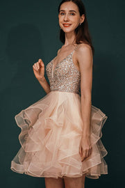 Sequined Pearl Pink Tulle Short A-Line Party Dresses Sleeveless