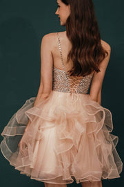 Sequined Pearl Pink Tulle Short A-Line Party Dresses Sleeveless