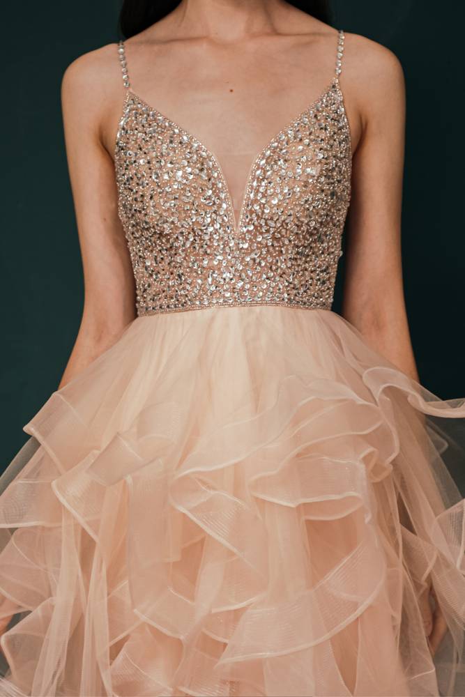 Sequined Pearl Pink Tulle Short A-Line Party Dresses Sleeveless