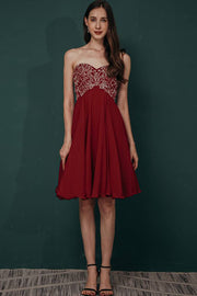 Burgundy A-Line Strapless Knee-Length Chiffon Bridesmaid Dresses with Sequins