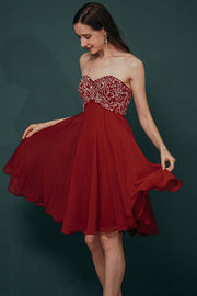 Burgundy A-Line Strapless Knee-Length Chiffon Bridesmaid Dresses with Sequins