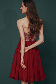 Burgundy A-Line Strapless Knee-Length Chiffon Bridesmaid Dresses with Sequins