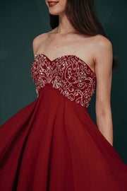 Burgundy A-Line Strapless Knee-Length Chiffon Bridesmaid Dresses with Sequins