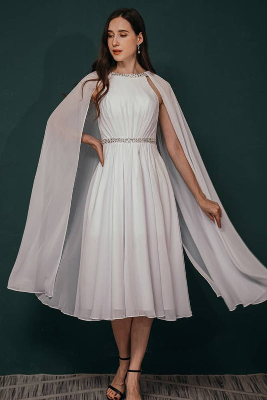 White A-Line Chiffon Formal Dress with Beaded Collar