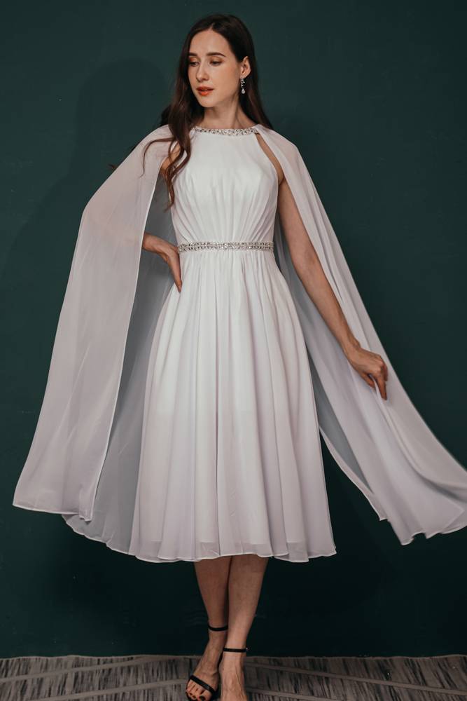 Jewel Neck A-Line Chiffon Tea-Length Formal Dresses with Train