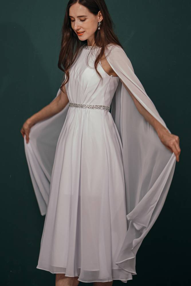 Jewel Neck A-Line Chiffon Tea-Length Formal Dresses with Train