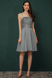 Grey Spaghetti Straps A-Line Knee-Length Party Dresses Chiffon with Beading