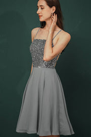 Grey Spaghetti Straps A-Line Knee-Length Party Dresses Chiffon with Beading