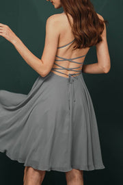 Grey Spaghetti Straps A-Line Knee-Length Party Dresses Chiffon with Beading