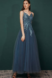 V-Neck Appliques Tulle Ankle-Length Prom Bridesmaid Dresses