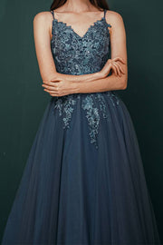 V-Neck Appliques Tulle Ankle-Length Prom Bridesmaid Dresses