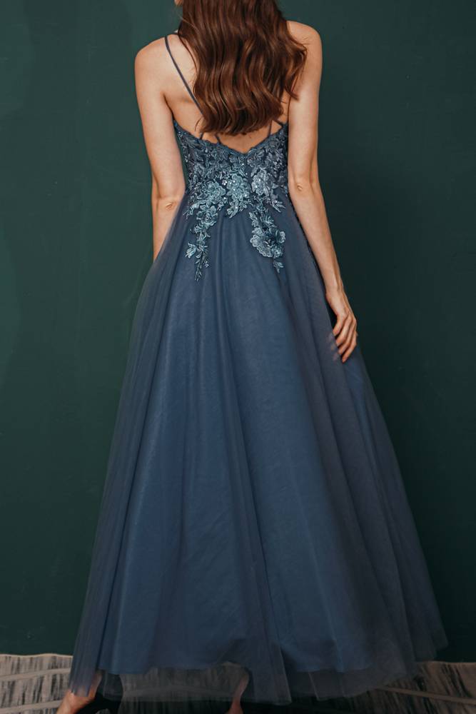 V-Neck Appliques Tulle Ankle-Length Prom Bridesmaid Dresses