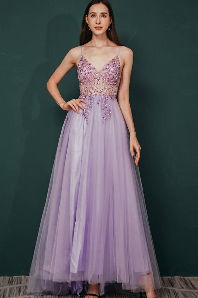 Fabulous Beaded V-Neck A-Line Tulle Prom Dresses Sleeveless with Slit