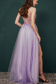 Fabulous Beaded V-Neck A-Line Tulle Prom Dresses Sleeveless with Slit