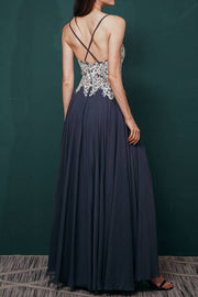 Dark Navy Chiffon Bridesmaid Dresses V-Neck A-Line Lace Spaghetti Straps with Slit