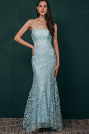 Sky Blue Spaghetti Straps Mermaid Lace Long Prom Dresses