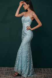 Sky Blue Spaghetti Straps Mermaid Lace Long Prom Dresses