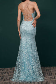 Sky Blue Spaghetti Straps Mermaid Lace Long Prom Dresses