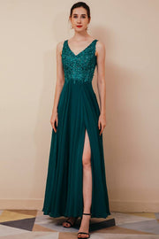 Beaded V-Neck A-Line Ankle-Length Chiffon Evening Dresses with Slit