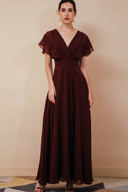 Cabernet V-Neck A-Line Chiffon Bridesmaid Dresses with Short Sleeves