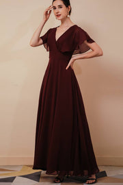 Cabernet V-Neck A-Line Chiffon Bridesmaid Dresses with Short Sleeves