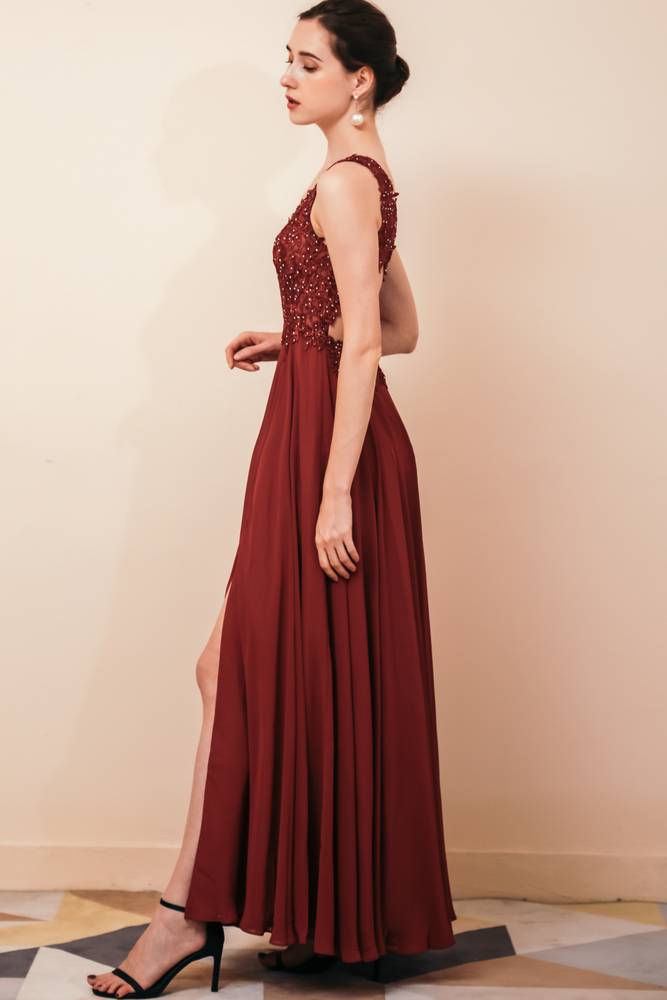 Rust Beaded V-Neck A-Line Ankle-Length Chiffon Evening Dresses with Slit