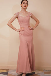 Dusty Rose V-Neck Capped Mermaid Tulle Ankle-Length Prom Dresses