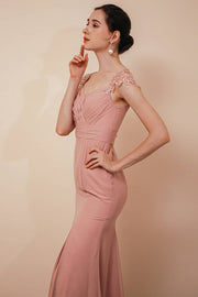 Dusty Rose V-Neck Capped Mermaid Tulle Ankle-Length Prom Dresses