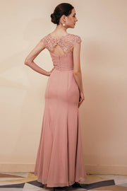 Dusty Rose V-Neck Capped Mermaid Tulle Ankle-Length Prom Dresses