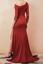 Asymmetrical Rust Satin Long Mermaid Prom Dresses Long Sleeves with Slit