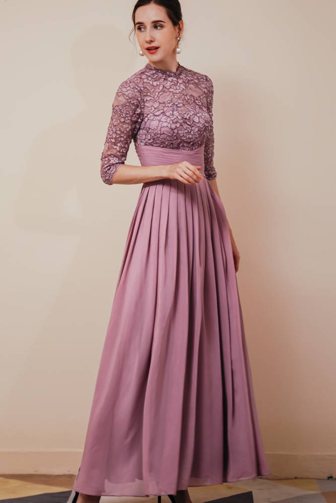 Wisteria Crew Neck 3/4 Long Sleeves A-Line Chiffon Lace Prom Dresses