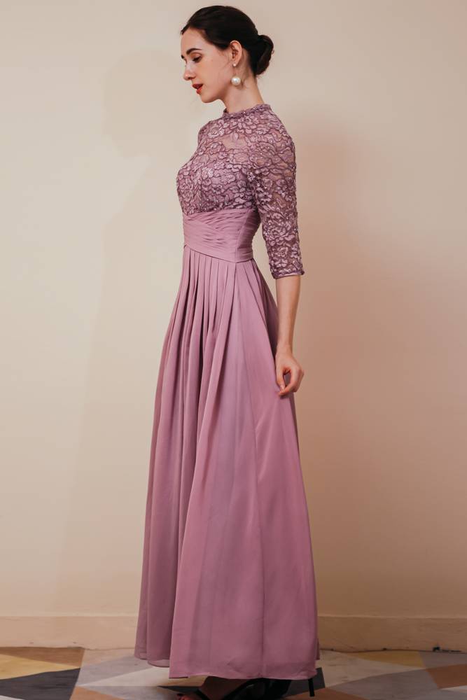 Wisteria Crew Neck 3/4 Long Sleeves A-Line Chiffon Lace Prom Dresses