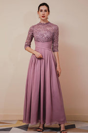 Wisteria Crew Neck 3/4 Long Sleeves A-Line Chiffon Lace Prom Dresses