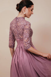 Wisteria Crew Neck 3/4 Long Sleeves A-Line Chiffon Lace Prom Dresses