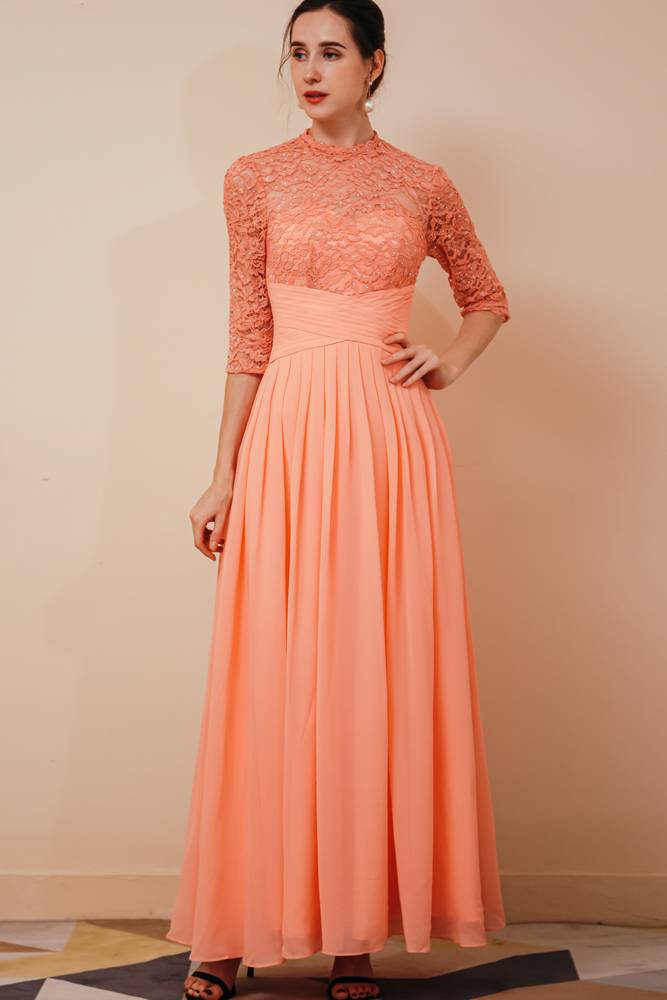 Coral Crew Neck 3/4 Long Sleeves A-Line Chiffon Lace Prom Dresses