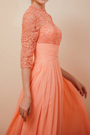 Coral Crew Neck 3/4 Long Sleeves A-Line Chiffon Lace Prom Dresses